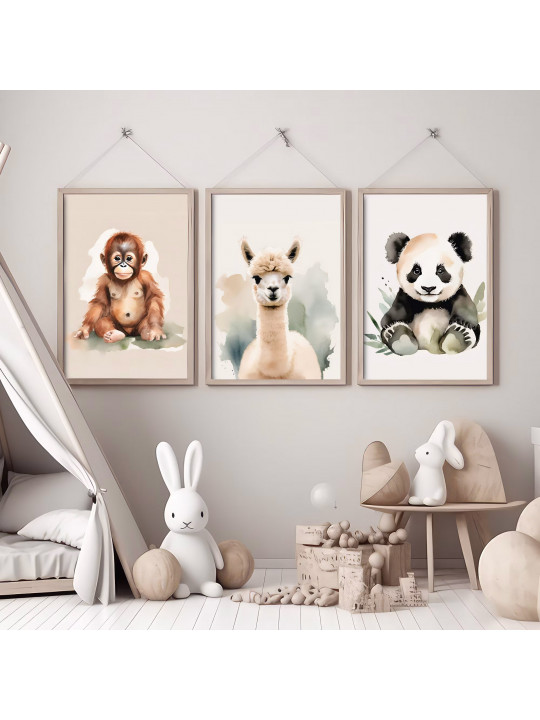 „Asien“ 3er Poster-Set | Orang-Utan, Alpaka & Pandabär – Tiermotive in DIN A4, 3 & 2