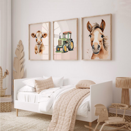 „Bauernhof“ 3er Poster-Set | Pferd, Kuh & Traktor | Ländliche Deko für Kinderzimmer & Landhausstil