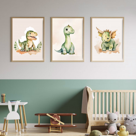„Dinos“ 3er Poster-Set | T-Rex, Brachiosaurus & Triceratops | Perfekte Dino-Deko fürs Kinderzimmer