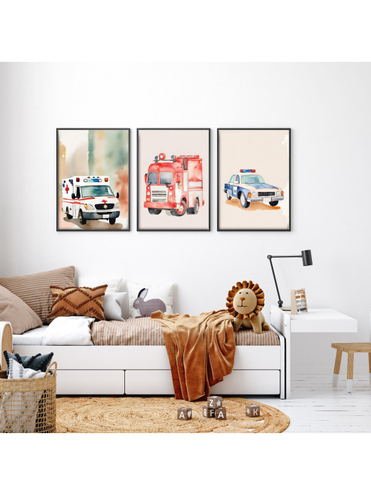 „Einsatzfahrzeuge“ 3er Poster-Set | Polizei, Feuerwehr & Rettungswagen | Perfekte Deko fürs Kinderzimmer „Einsatzfahrzeuge“ 3er Poster-Set | Polizei, Feuerwehr & Rettungswagen | Perfekte Deko fürs Kinderzimmer