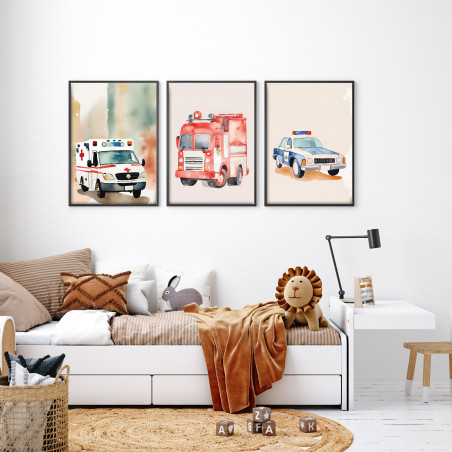 „Einsatzfahrzeuge“ 3er Poster-Set | Polizei, Feuerwehr & Rettungswagen | Perfekte Deko fürs Kinderzimmer