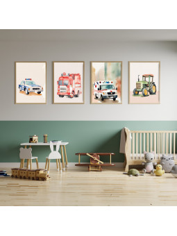 „Fahrzeuge“ 4er Poster-Set | Feuerwehr, Polizei, Rettungswagen & Traktor | Perfekte Kinderzimmer-Deko