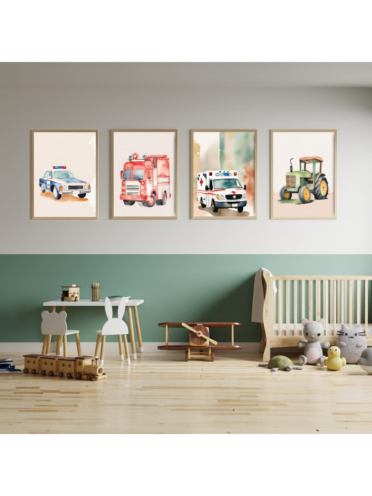 „Fahrzeuge“ 4er Poster-Set | Feuerwehr, Polizei, Rettungswagen & Traktor | Perfekte Kinderzimmer-Deko „Fahrzeuge“ 4er Poster-Set | Feuerwehr, Polizei, Rettungswagen & Traktor | Perfekte Kinderzimmer-Deko