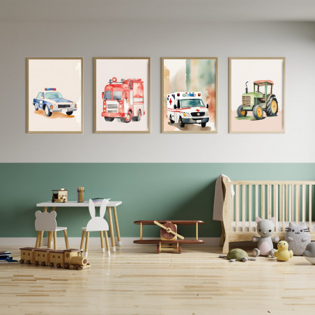 „Fahrzeuge“ 4er Poster-Set | Feuerwehr, Polizei, Rettungswagen & Traktor | Perfekte Kinderzimmer-Deko