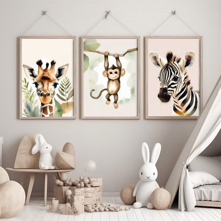 „Steppe“ 3er Poster-Set | Giraffe, Zebra & Affe | Safari Deko für Wohnzimmer & Kinderzimmer