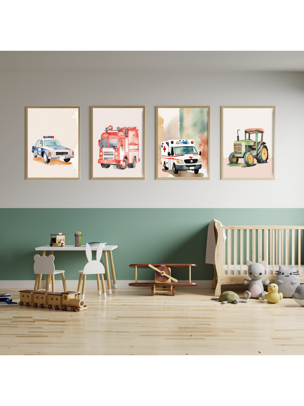 „Fahrzeuge“ 4er Poster-Set | Traktor, Feuerwehr, Polizei & Rettungswagen | Digitaler DIN A3 Download (JPG) zum Selbstausdrucken