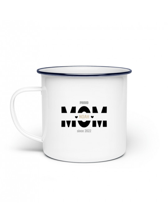 Emaille Tasse „Proud Mom“ – personalisierbar mit Name & Geburtsjahr - Emaille Tasse (Silber)  - Emaille Tasse