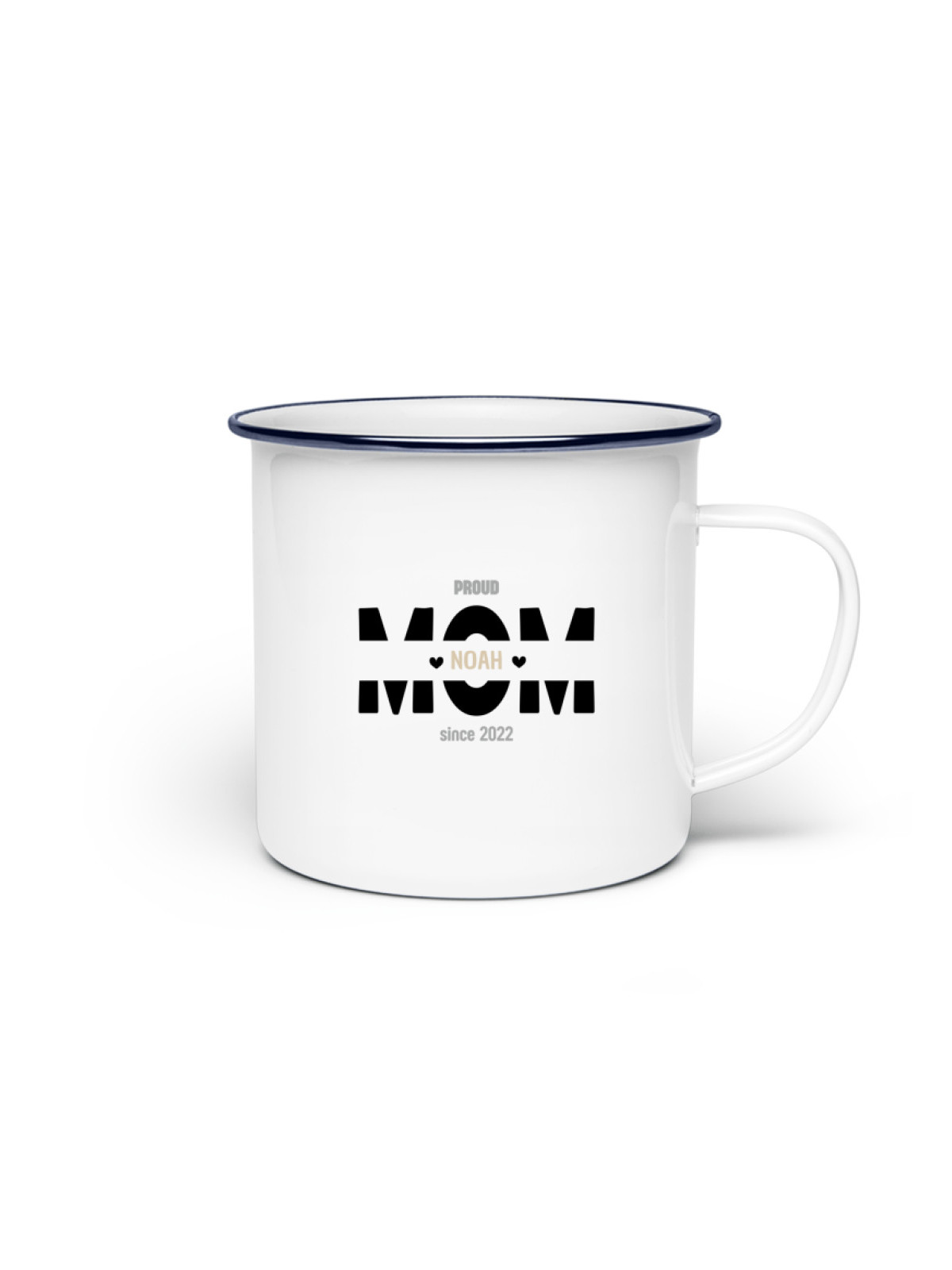 Emaille Tasse „Proud Mom“ – personalisierbar mit Name & Geburtsjahr - Emaille Tasse (Silber)  - Emaille Tasse